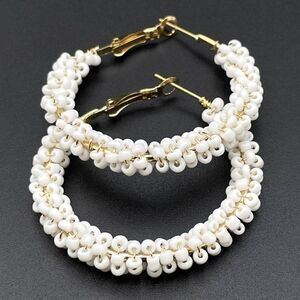 Yellow Gold Wire Wrapped White Beaded Open Round Hinged Post Hoop Earrings